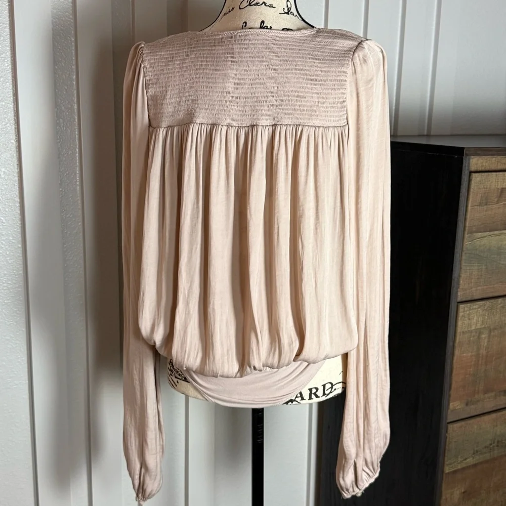 Intimately Free‎ People Blush Pink Long Sleeve Bodysuit Boho Smocked Medium